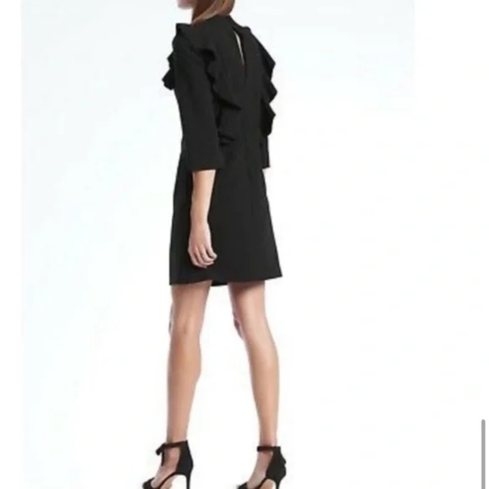 Banana Republic Black Ruffle Yoke Bi-Stretch Mini Dress 3/4 Sleeve - Size 0 - Picture 2 of 9